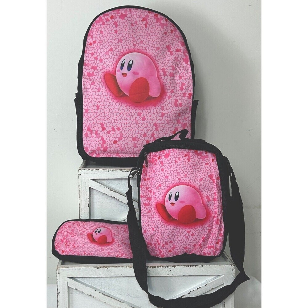 Kirby Cartoon Game Student School Backpack 3pc Set Insulated‎ Lunch Bag Pen Bag